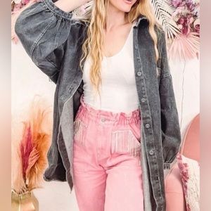 Boutique black denim diamond fringe jacket